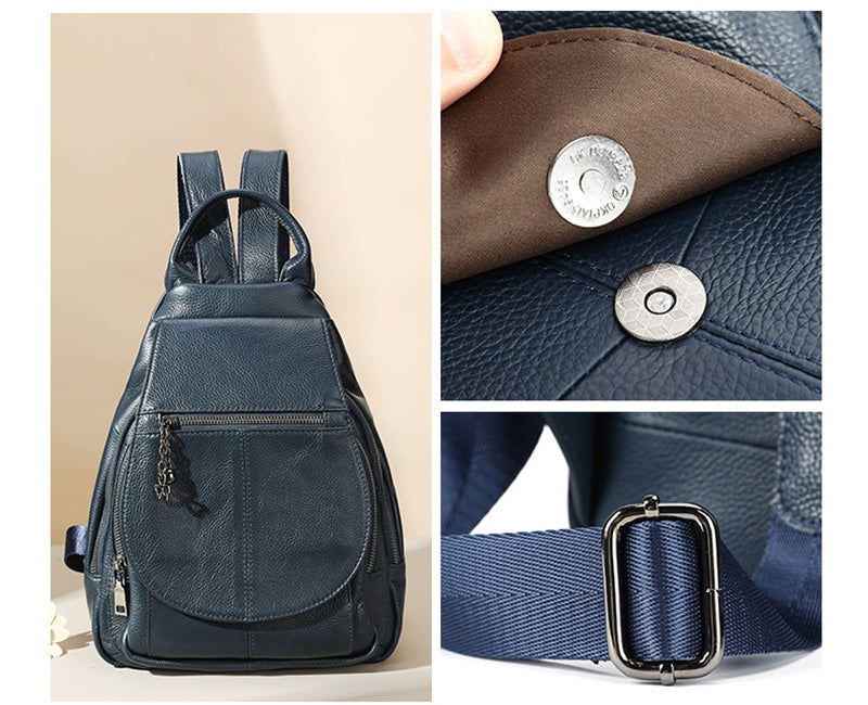 Damen Rucksack Leder schlicht für Alltag mit vielen Reißverschlussfächern