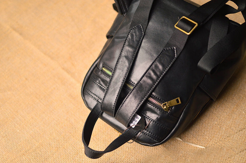 Damen Rucksack Leder schwarz schlicht mit Reißverschluss