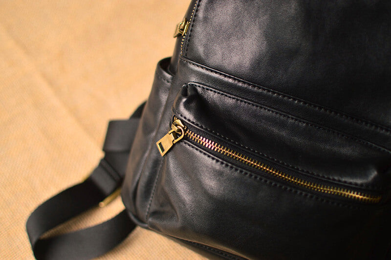 Damen Rucksack Leder schwarz schlicht mit Reißverschluss