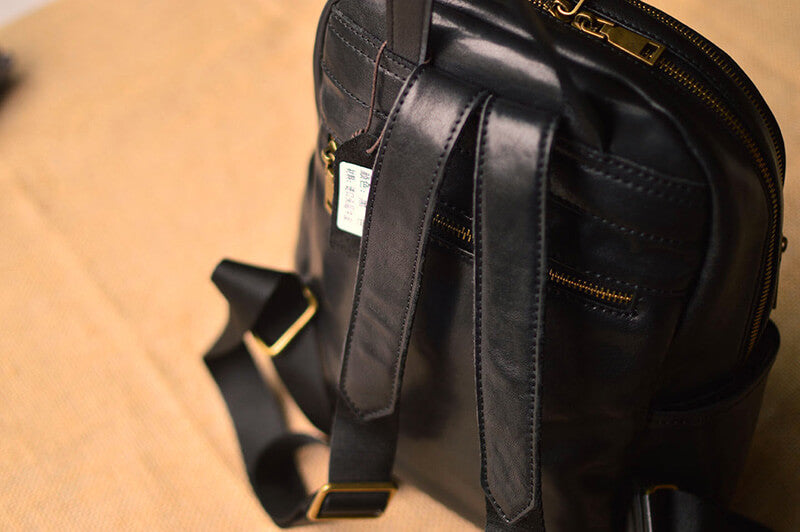 Damen Rucksack Leder schwarz schlicht mit Reißverschluss