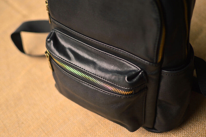 Damen Rucksack Leder schwarz schlicht mit Reißverschluss