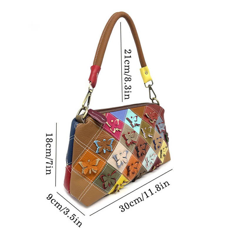 Damen Schultertasche bunt Leder Umhängetasche Schmetterling mit 2 Riemen