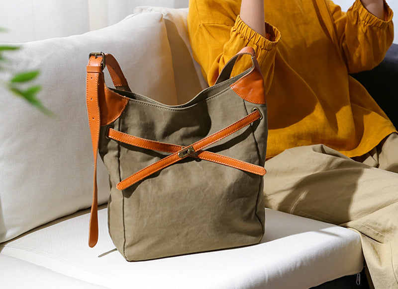 Damen Schultertasche Canvas und Leder für Freizeit in 3 Farben