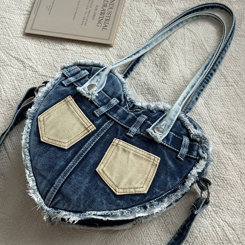 Damen Schultertasche Denim in Herzform Umhängetasche für Freizeit