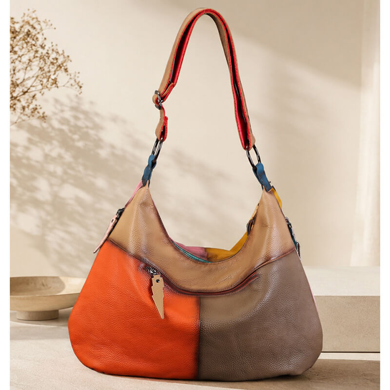Damen Schultertasche Leder Bunt Hobo-Tasche Patchwork