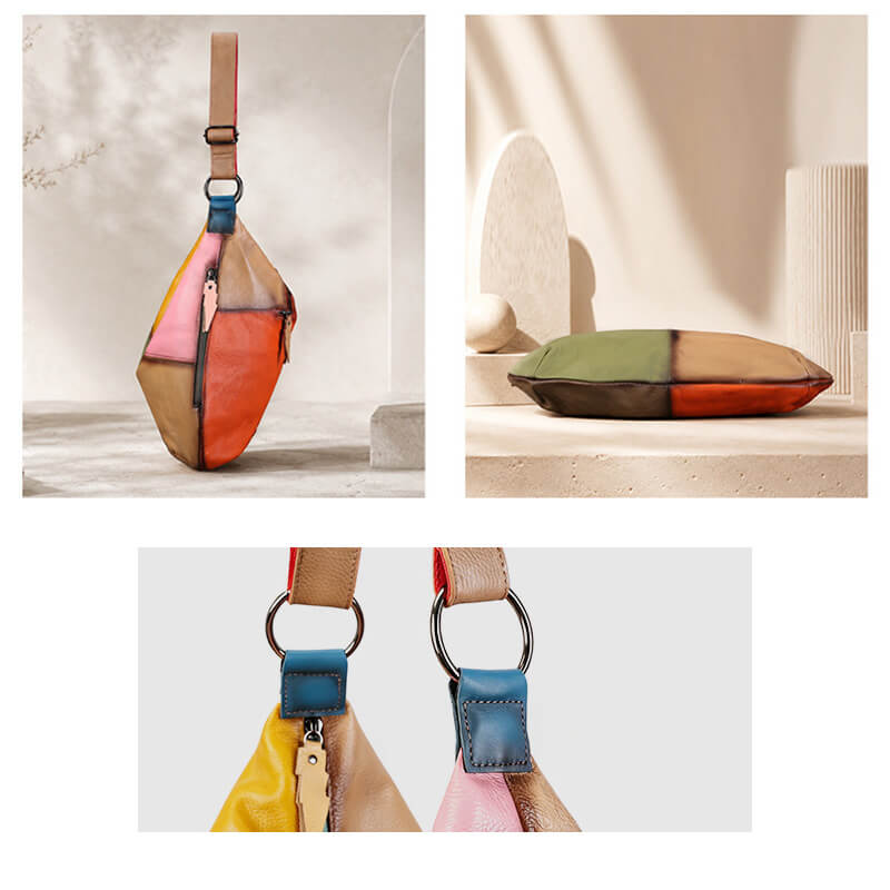 Damen Schultertasche Leder Bunt Hobo-Tasche Patchwork