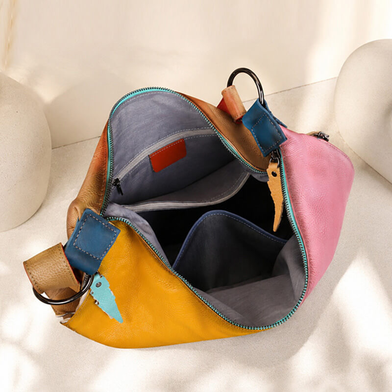 Damen Schultertasche Leder Bunt Hobo-Tasche Patchwork