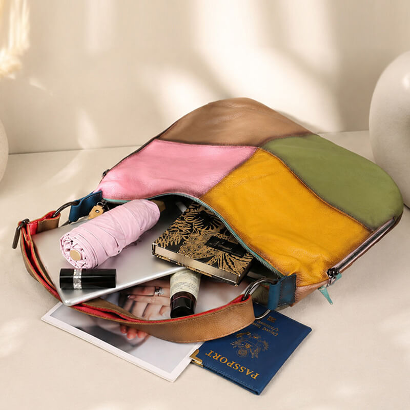 Damen Schultertasche Leder Bunt Hobo-Tasche Patchwork