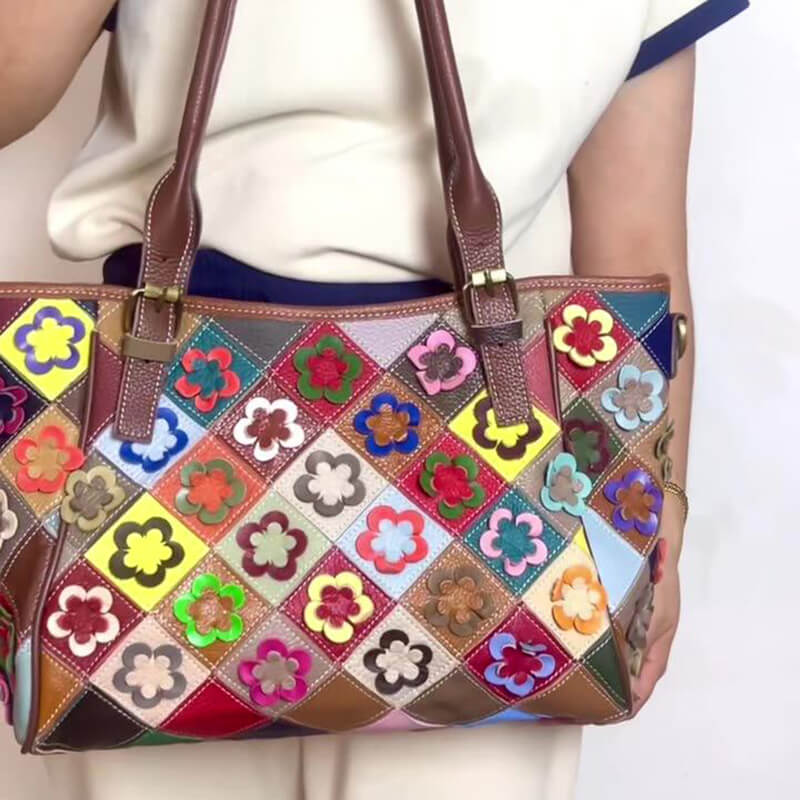 Damen Schultertasche Leder bunt Umhängetasche Patchwork mit Blumen