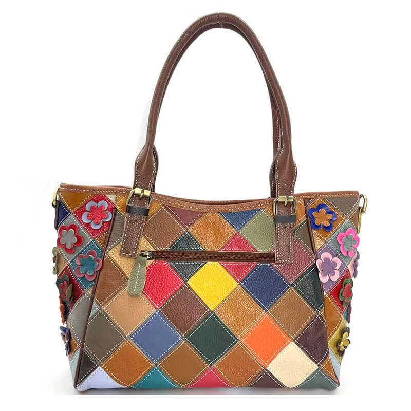 Damen Schultertasche Leder bunt Umhängetasche Patchwork mit Blumen