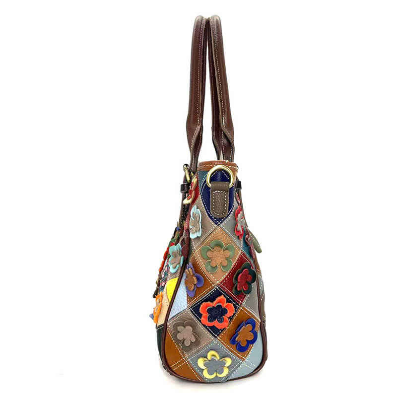 Damen Schultertasche Leder bunt Umhängetasche Patchwork mit Blumen