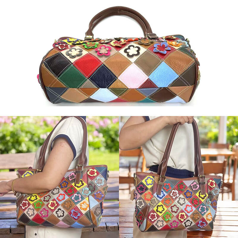 Damen Schultertasche Leder bunt Umhängetasche Patchwork mit Blumen