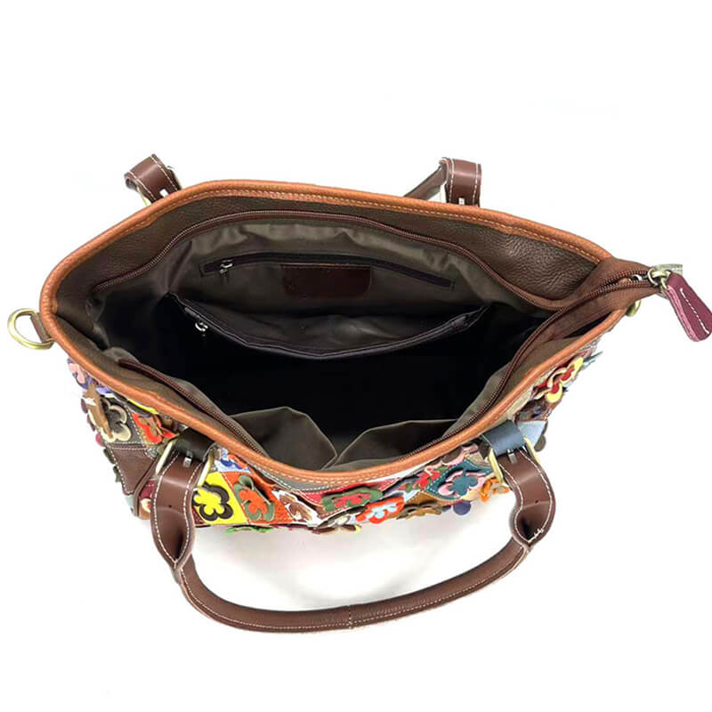 Damen Schultertasche Leder bunt Umhängetasche Patchwork mit Blumen