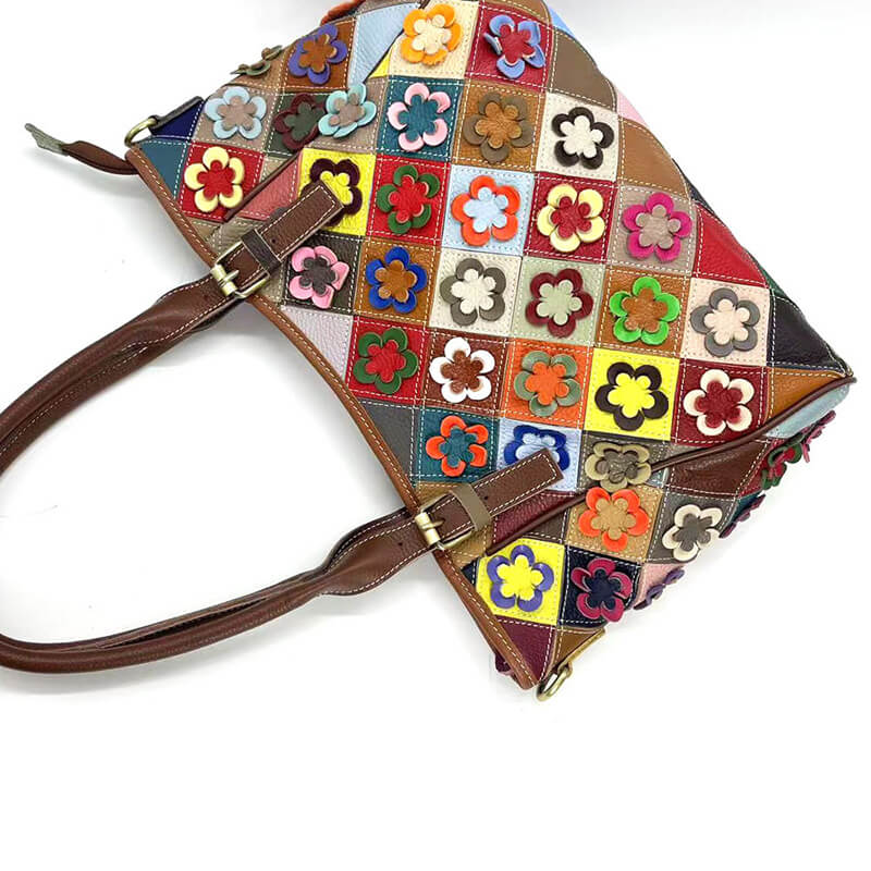 Damen Schultertasche Leder bunt Umhängetasche Patchwork mit Blumen