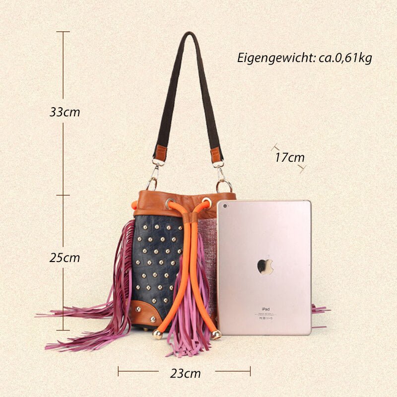 Damen Schultertasche Leder und Stoff Vintage Umhängetasche mit Quasten