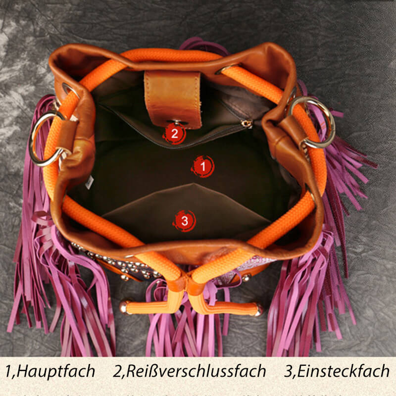 Damen Schultertasche Leder und Stoff Vintage Umhängetasche mit Quasten
