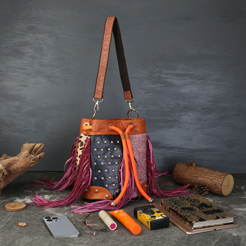 Damen Schultertasche Leder und Stoff Vintage Umhängetasche mit Quasten