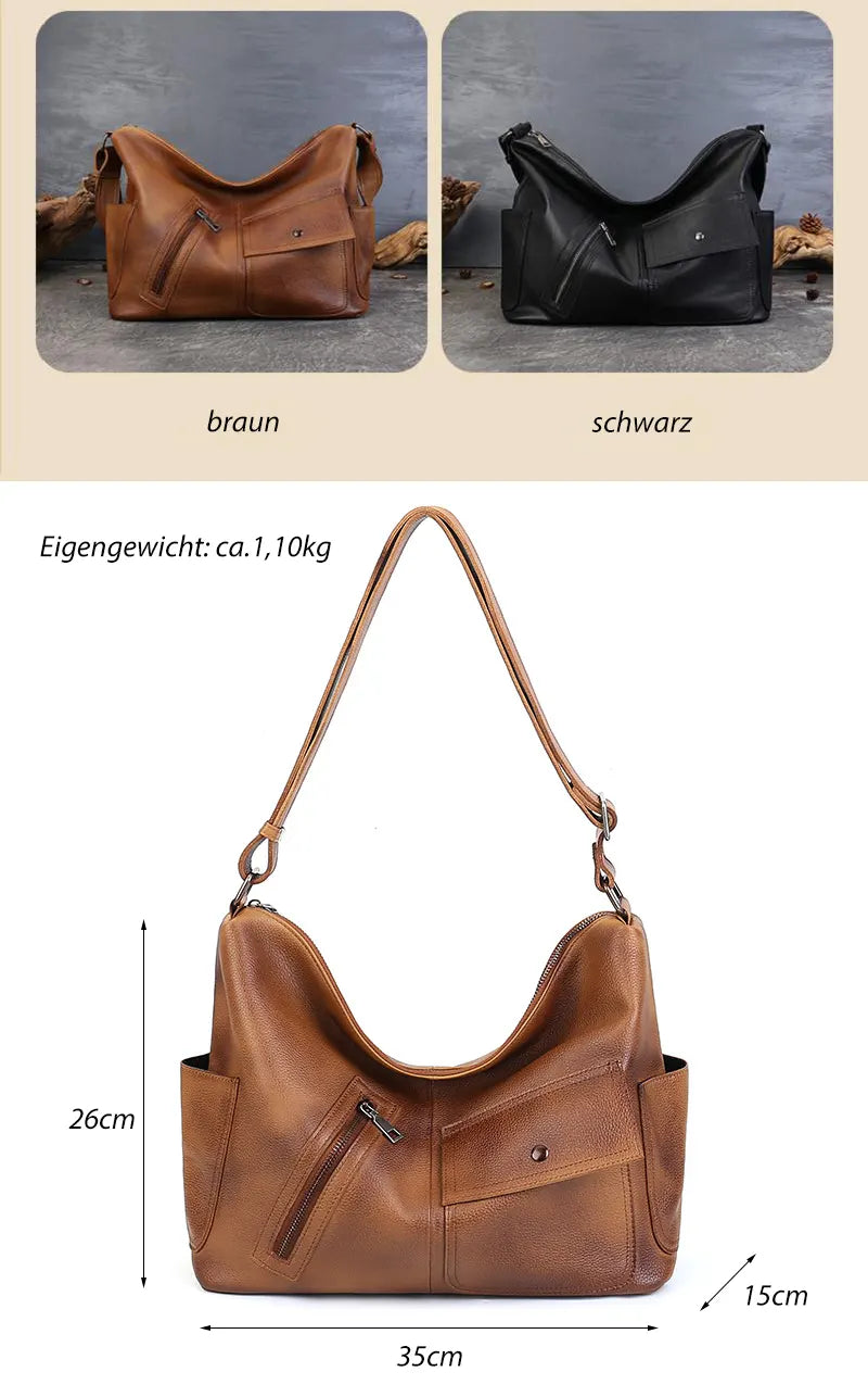 Damen Schultertasche Leder Vintage Umhängetasche für Freizeit in Schwarz und Braun