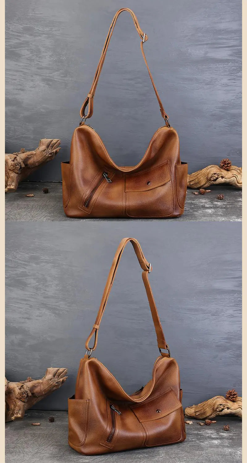 Damen Schultertasche Leder Vintage Umhängetasche für Freizeit in Schwarz und Braun