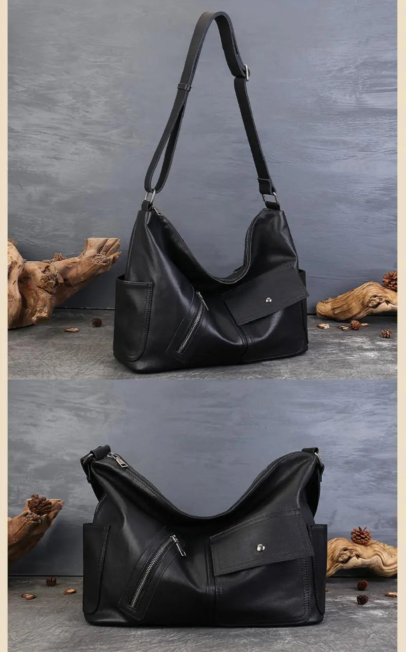 Damen Schultertasche Leder Vintage Umhängetasche für Freizeit in Schwarz und Braun