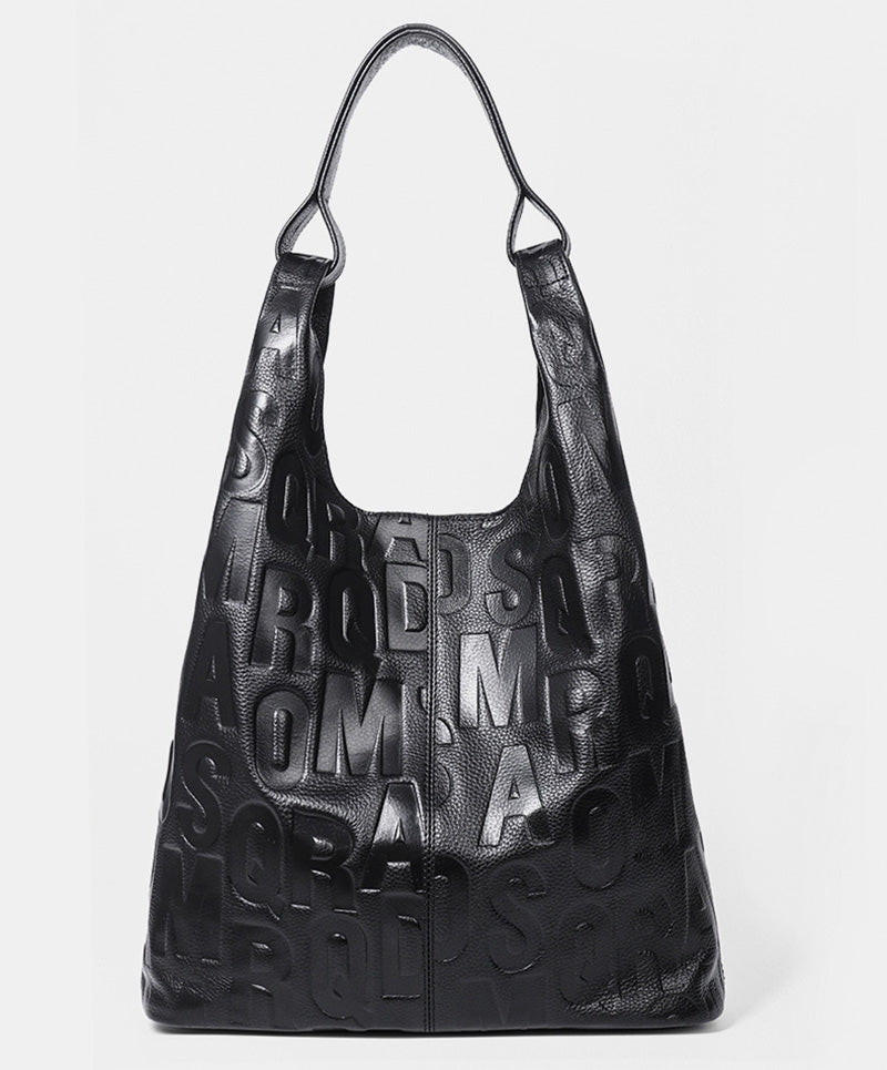 Damen Schultertasche schwarz Leder mit geprägten Buchstaben