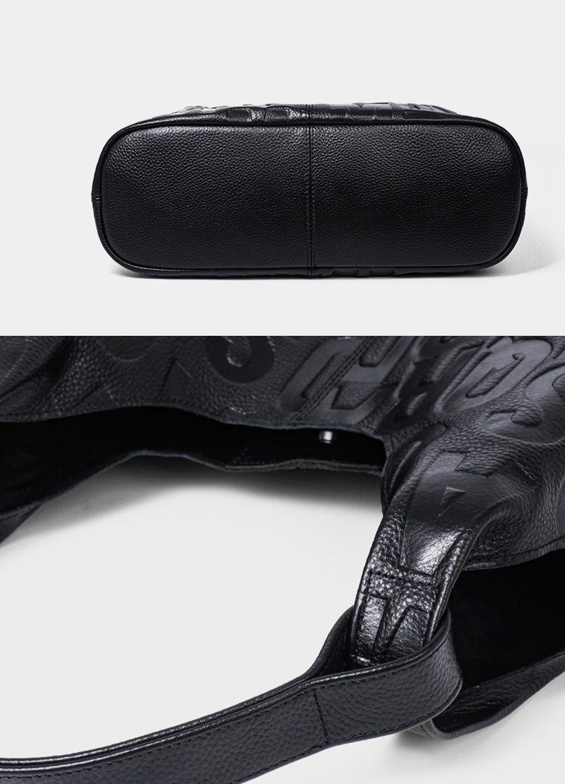 Damen Schultertasche schwarz Leder mit geprägten Buchstaben