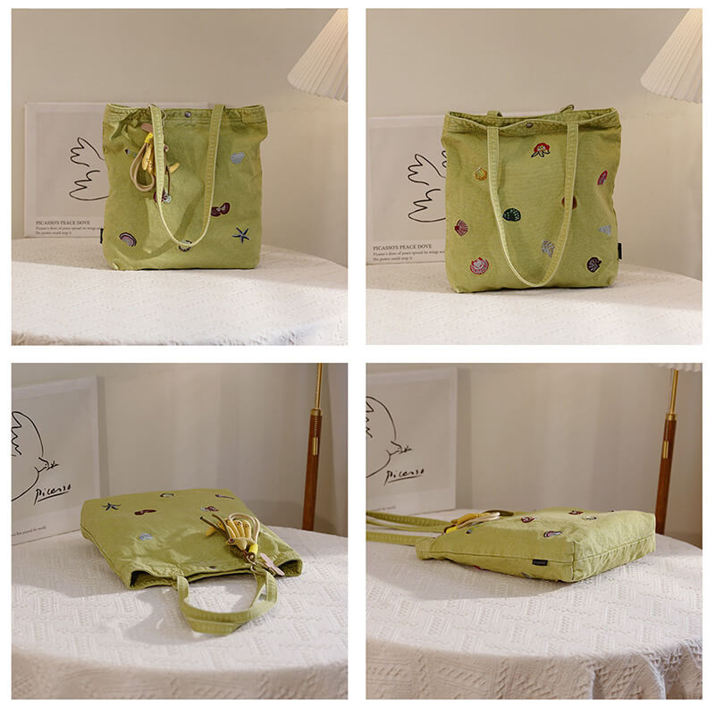 Damen Schultertasche Tote Tasche Canvas mit Stickerei für Freizeit