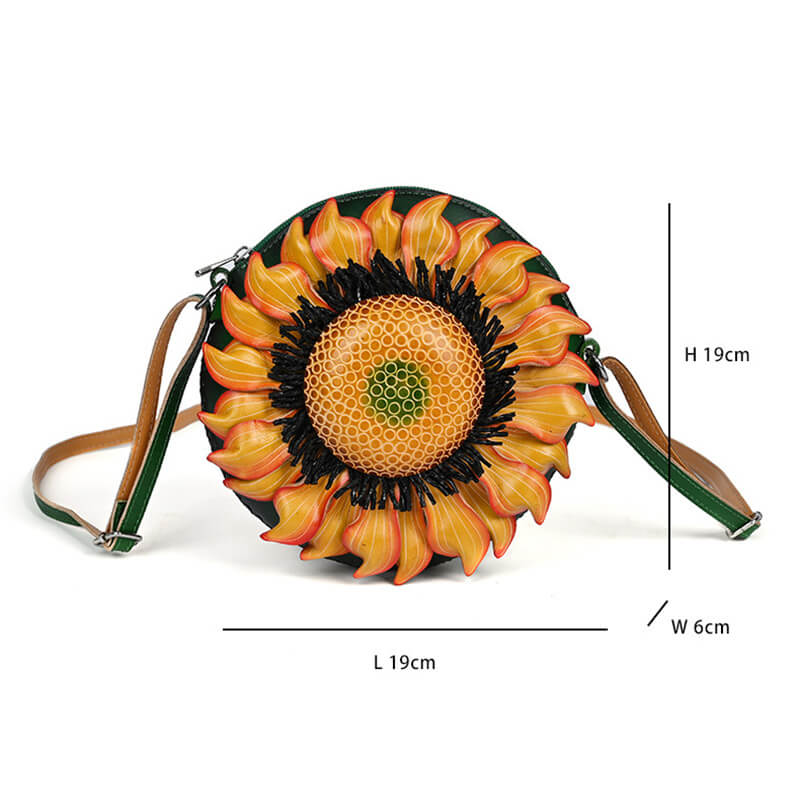 Damen Umhängetasche rund Leder mit Sonnenblume