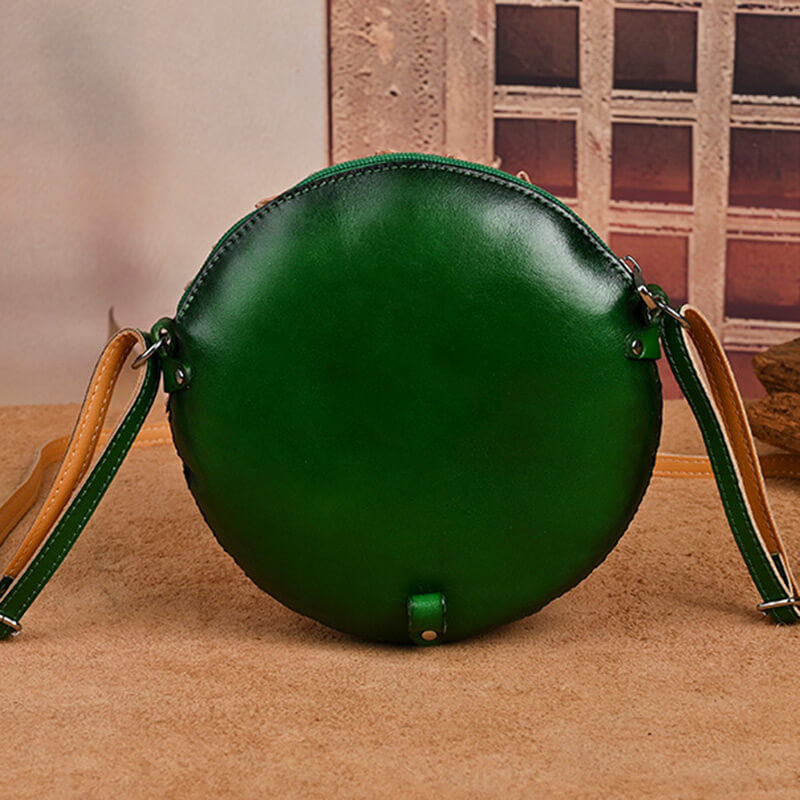 Damen Umhängetasche rund Leder mit Sonnenblume