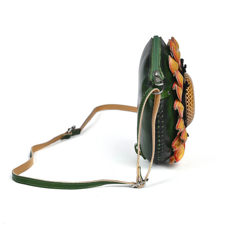 Damen Umhängetasche rund Leder mit Sonnenblume