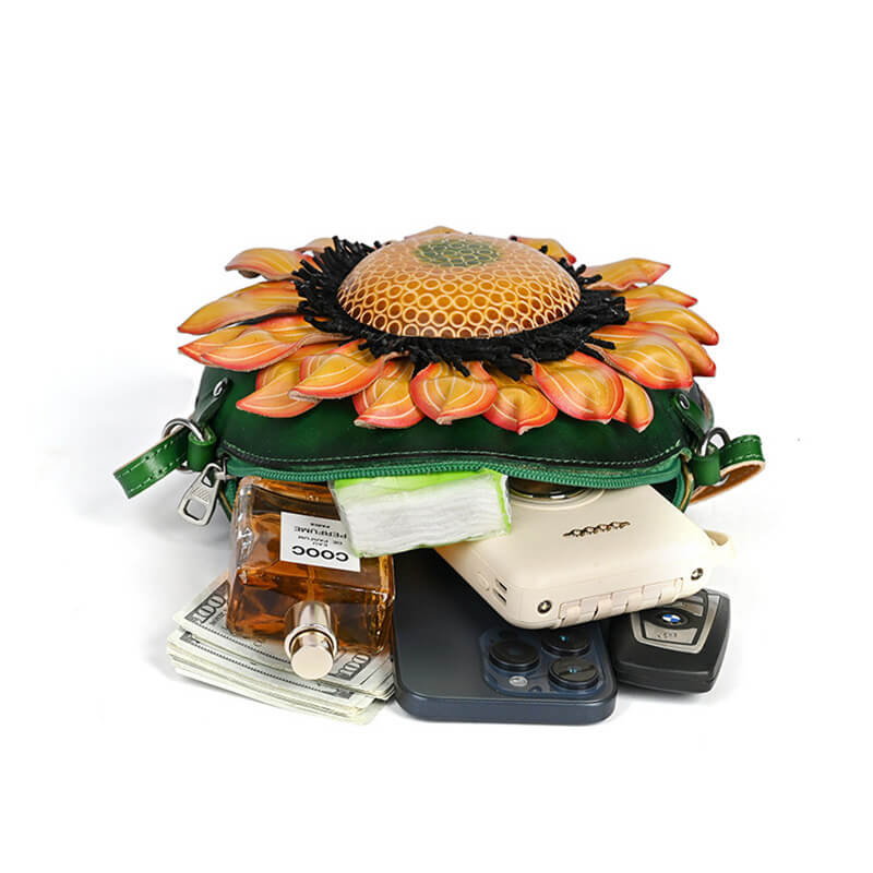 Damen Umhängetasche rund Leder mit Sonnenblume