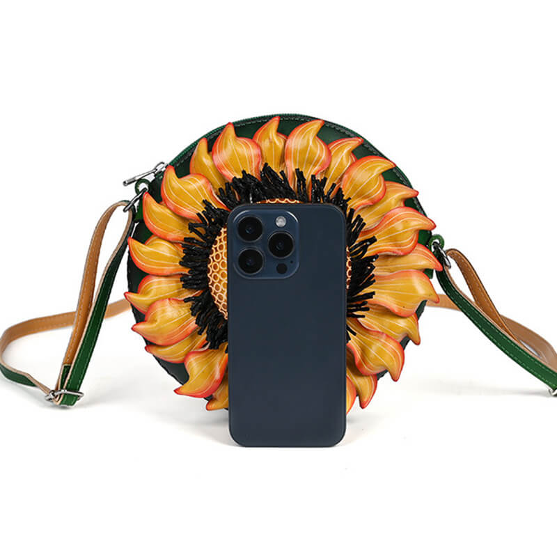 Damen Umhängetasche rund Leder mit Sonnenblume