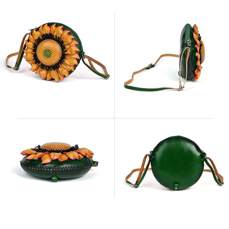 Damen Umhängetasche rund Leder mit Sonnenblume