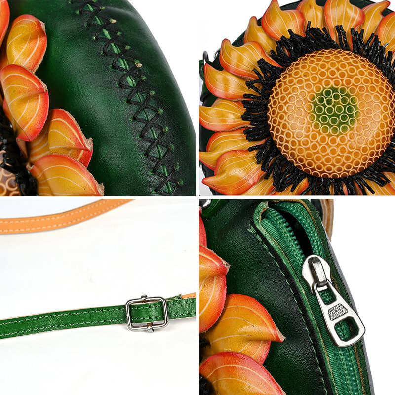 Damen Umhängetasche rund Leder mit Sonnenblume