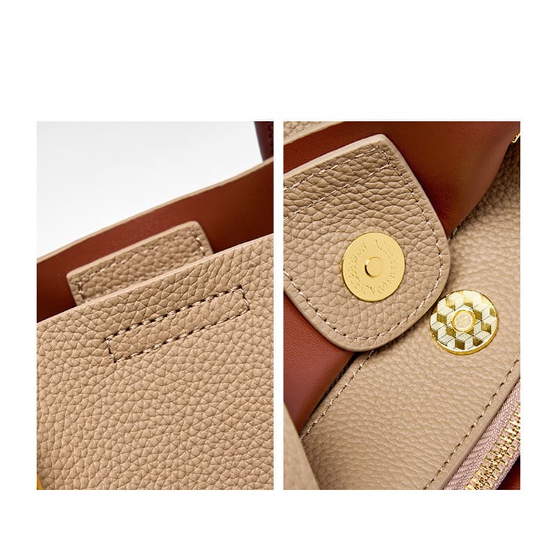 elegante Damen Handtasche Leder Umhängetasche 2 Gurte Bucket Bag