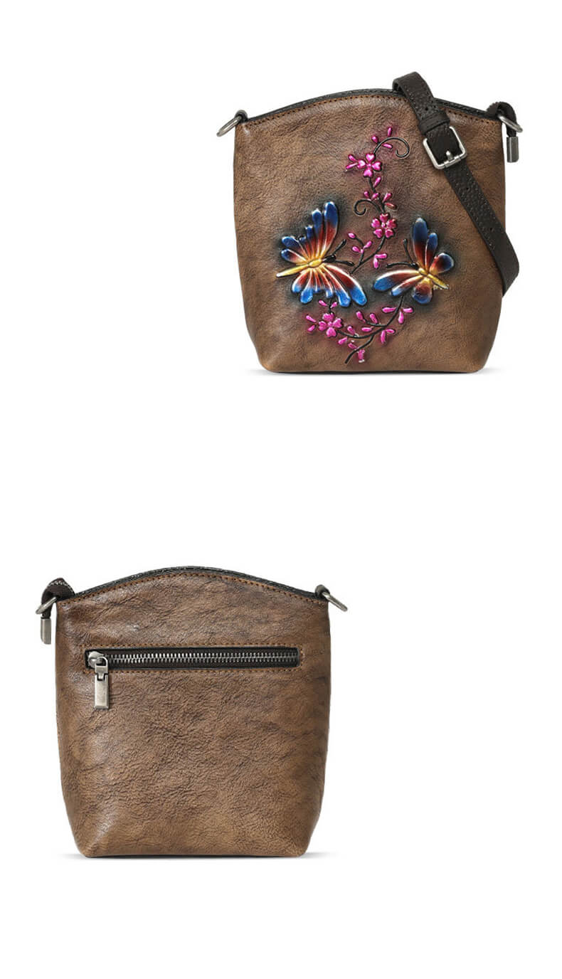 elegante kleine Umhängetasche Damen Leder Vintage retro-Style mit Schmetterling