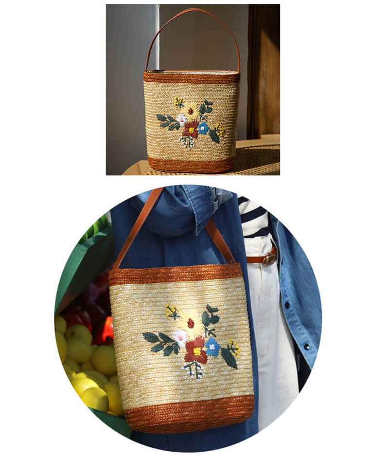 geflochtene Strohtasche Damen mit Blumen Handtasche Landhausstil für Urlaub