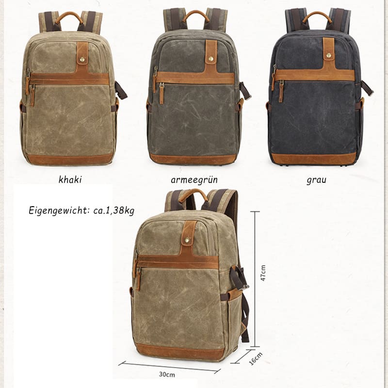 gewachstes Canvas Rucksack Herren für Kameraausrüstung Reisenrucksack mit Brustgurt Reißverschluss