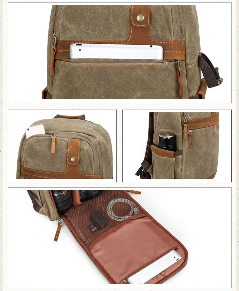 gewachstes Canvas Rucksack Herren für Kameraausrüstung Reisenrucksack mit Brustgurt Reißverschluss