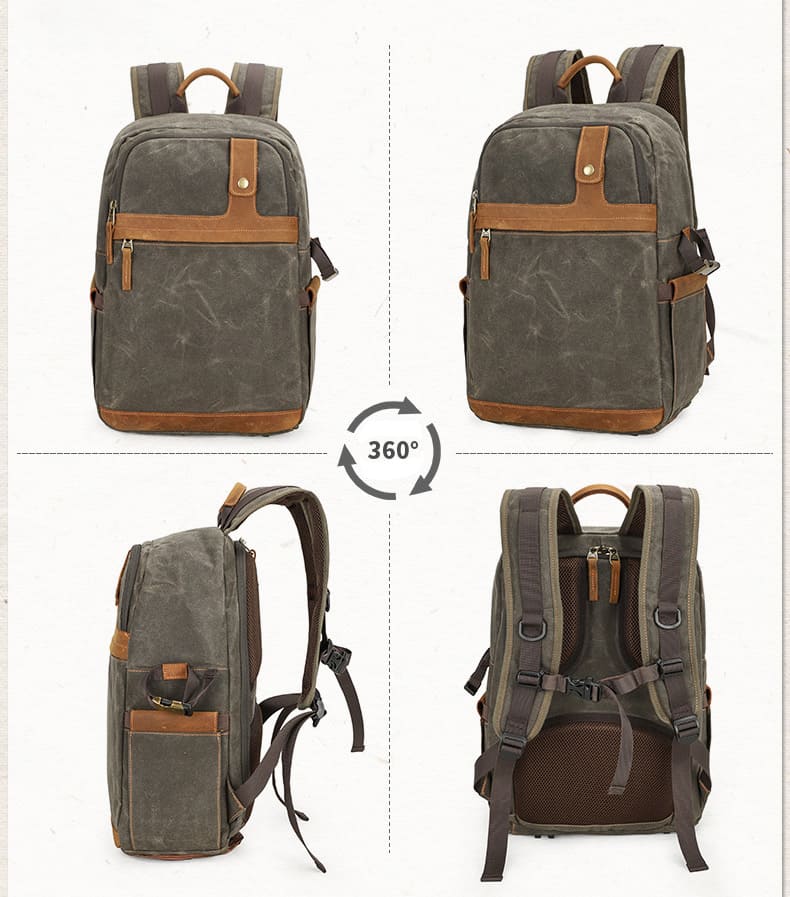 gewachstes Canvas Rucksack Herren für Kameraausrüstung Reisenrucksack mit Brustgurt Reißverschluss