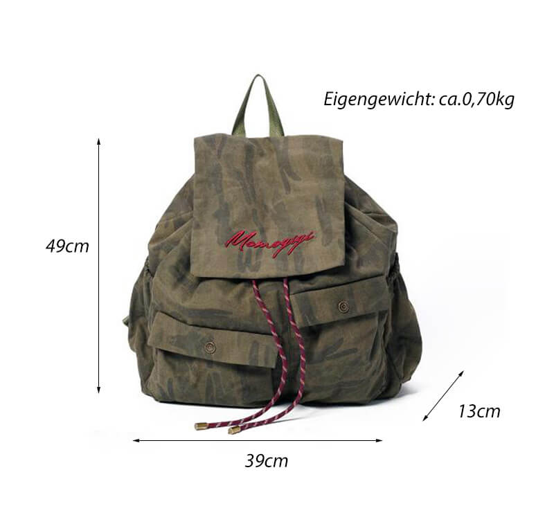 groß Damen Rucksack Canvas Camouflage Vintage mit Kordelzug und Laptopfach für Uni Alltag