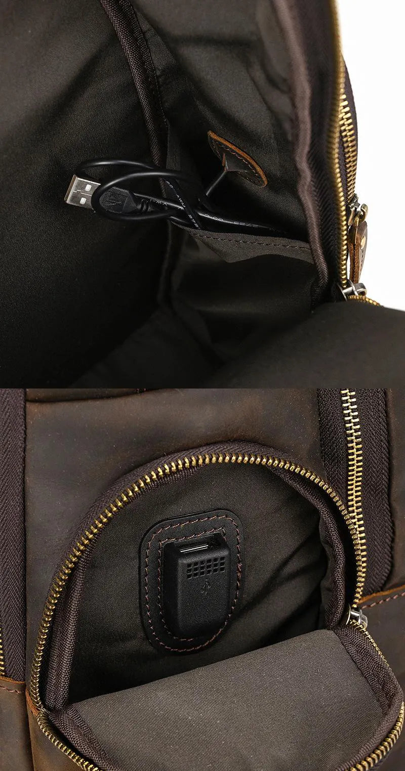 groß Vintage Crazy Horse Leder Rucksack Herren mit Brustgurt für Kurztrip