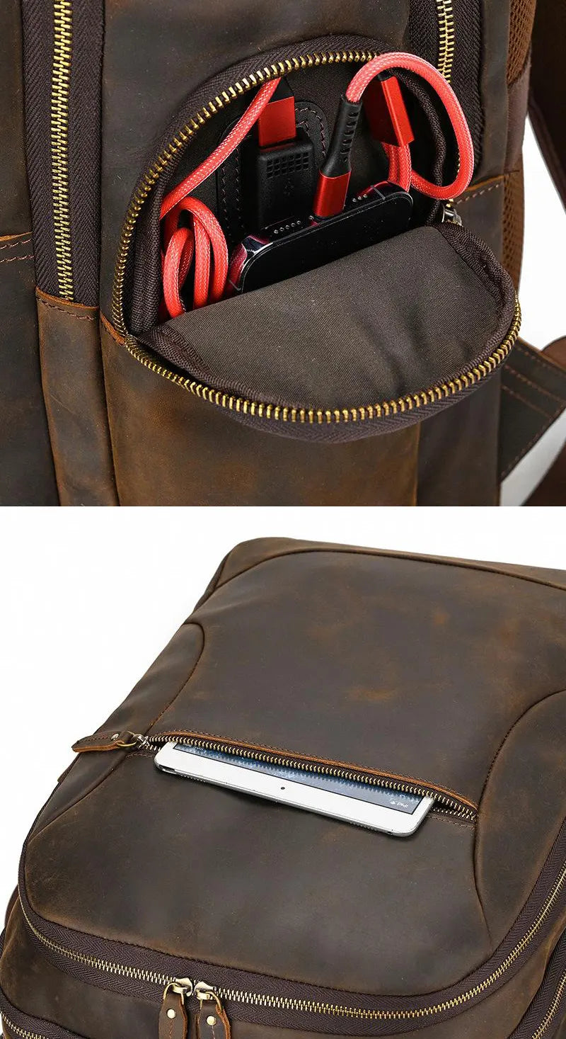 groß Vintage Crazy Horse Leder Rucksack Herren mit Brustgurt für Kurztrip