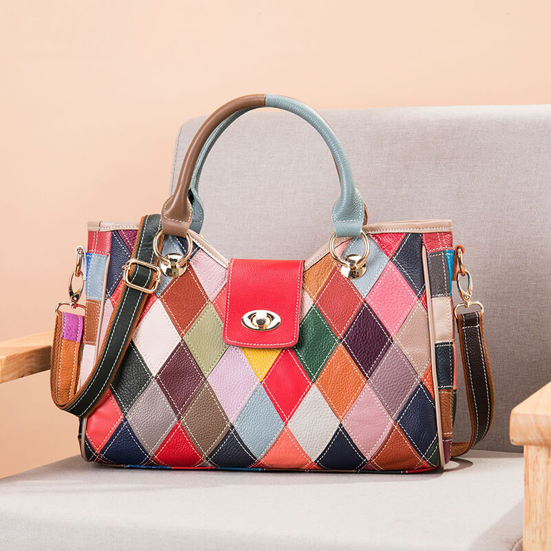 große Damen Handtasche zum Umhängen bunt Patchwork Leder Umhängetasche