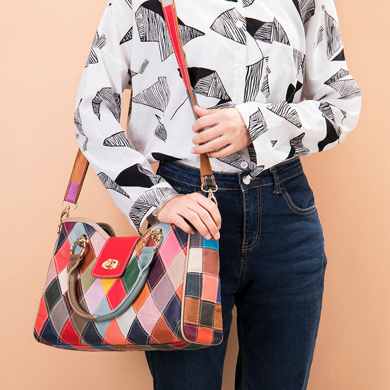 große Damen Handtasche zum Umhängen bunt Patchwork Leder Umhängetasche