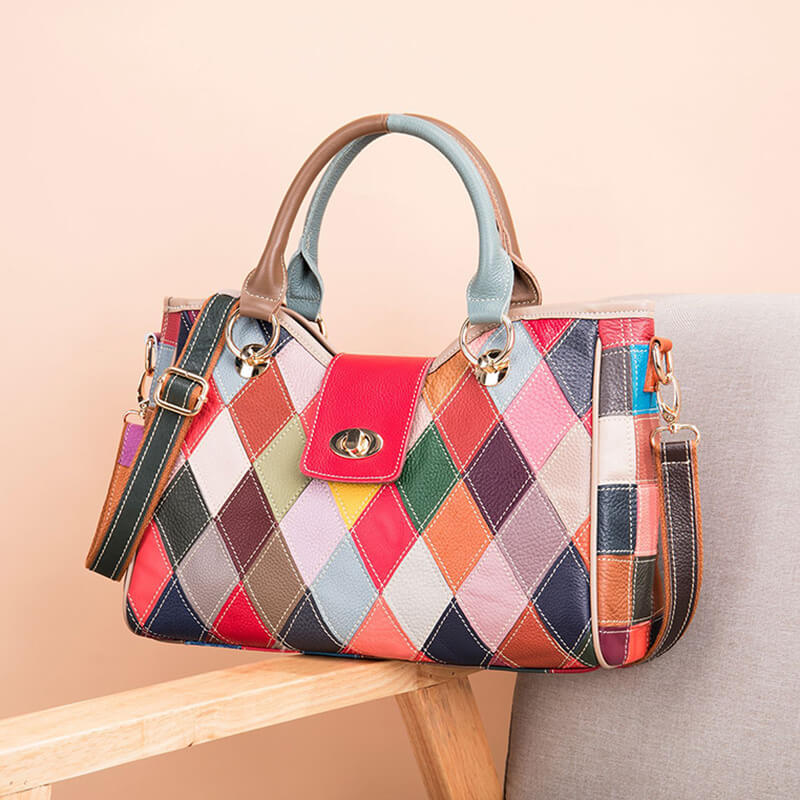 große Damen Handtasche zum Umhängen bunt Patchwork Leder Umhängetasche