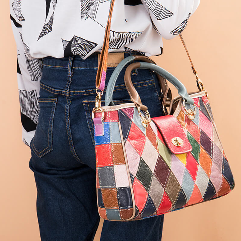 große Damen Handtasche zum Umhängen bunt Patchwork Leder Umhängetasche