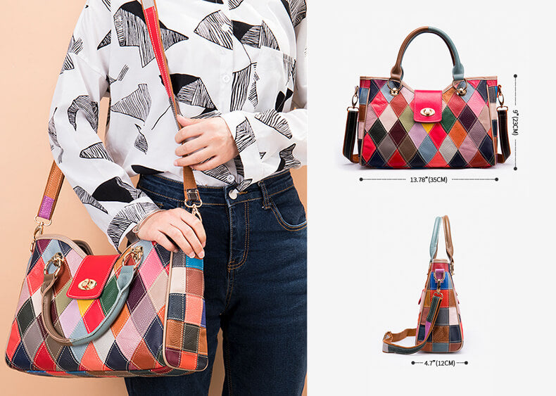 große Damen Handtasche zum Umhängen bunt Patchwork Leder Umhängetasche