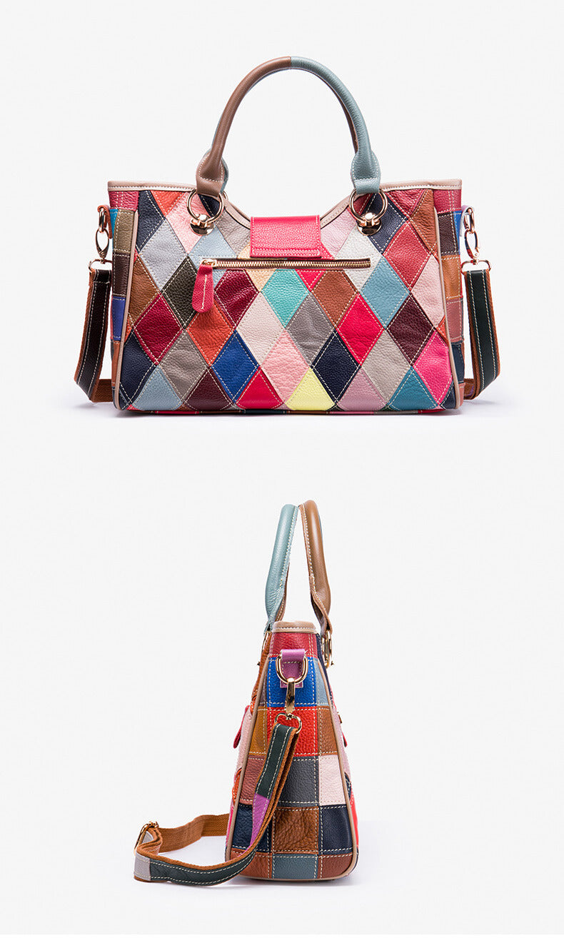 große Damen Handtasche zum Umhängen bunt Patchwork Leder Umhängetasche