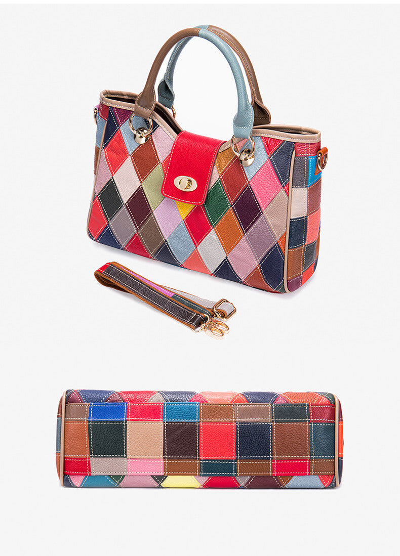 große Damen Handtasche zum Umhängen bunt Patchwork Leder Umhängetasche